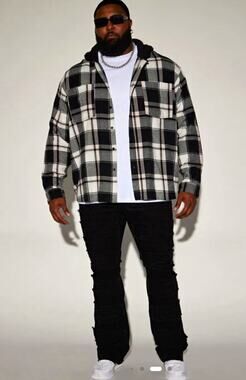 NOVA MEN Black/White Plaid Hooded Oversized Shacket Jacket Mens 3XL Pockets